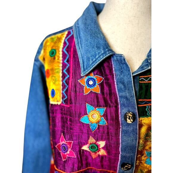 Vintage Cotton Blue Denim 100% Silk Patchwork Jacket 1X Funky Artsy Teacher 80's - Picture 2 of 8
